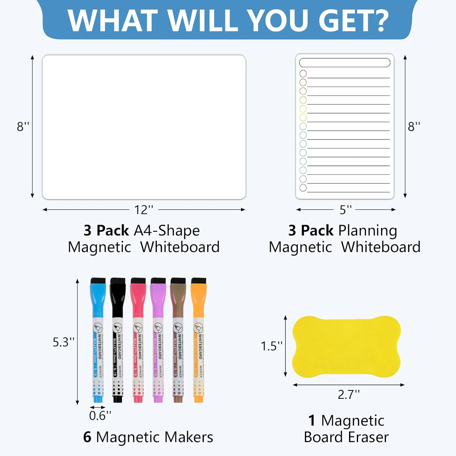 6 pack magnetic dry erase board, 3 pack 8'' x 12'' & 3 pack 5'' x 8'' magnetic whiteboard for fridge, magnetism notepad for fridge with 6 markers, 1 eraser 8 x 12 inches and 5 x 8 inches