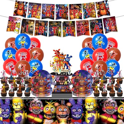 85Pcs Freddys Birthday Party Decorations Freddys Birthday Party Supplies Set include Banner Tablecloth Balloons Cake Toppers Plates and Napkins for Teens Kids Adults Party Decor