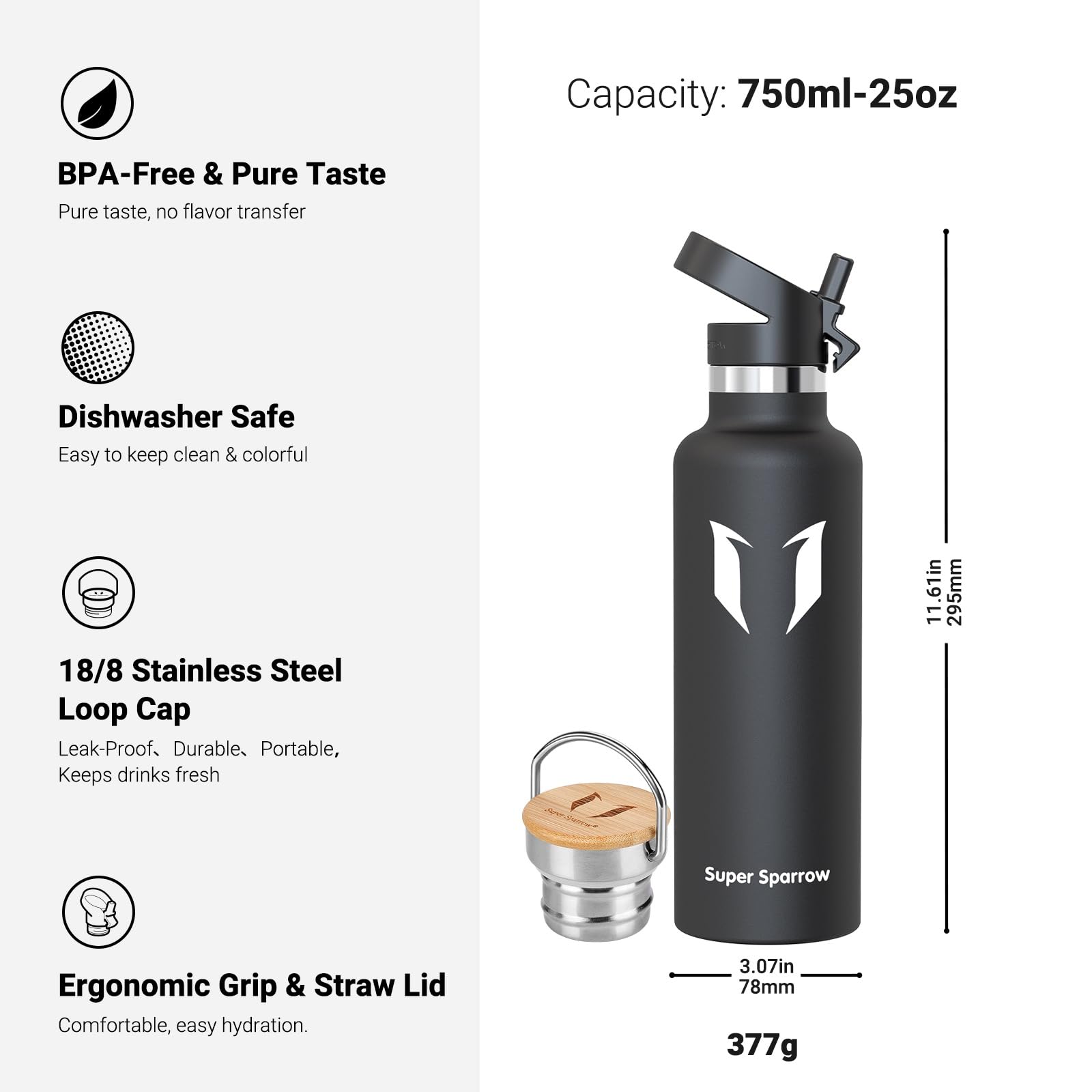 Super Sparrow Borraccia Termica - Bottiglia Termica Senza Perdite - 350ml/500ml/620ml/750ml/1L - Senza BPA Borracce Bambini - Per Scuola, Sport, Campeggio, Palestra, Ciclismo - Con 2 Tappi