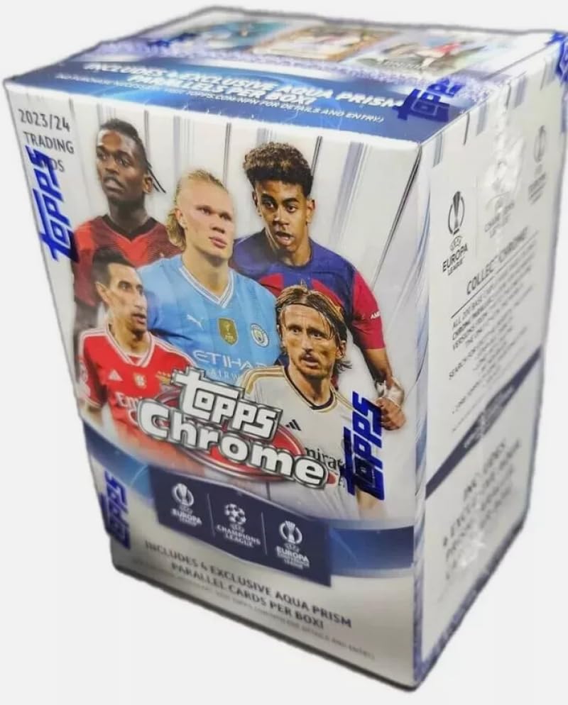 2023-24 Topps Chrome UEFA Club Competitions Champions League Soccer Factory Sealed Value Blaster Box. 7 Packs of 4 Cards. 4 Exclusive Aqua Prism Parallels Per Box.