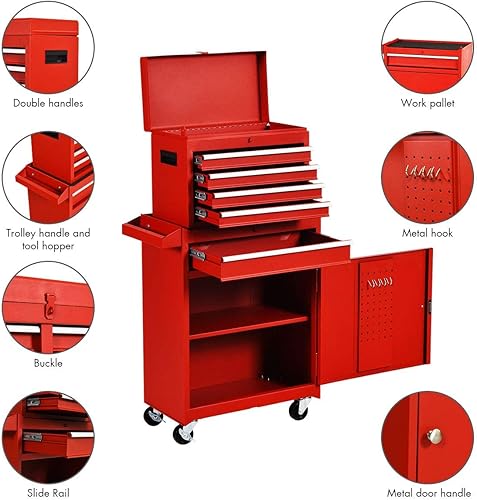 Miniatura 8 de Cofre de herramientas con ruedas de 5 cajones, 2 en 1, caja de herramientas extraíble con 4 ruedas y ganchos, caja de herramientas de metal para