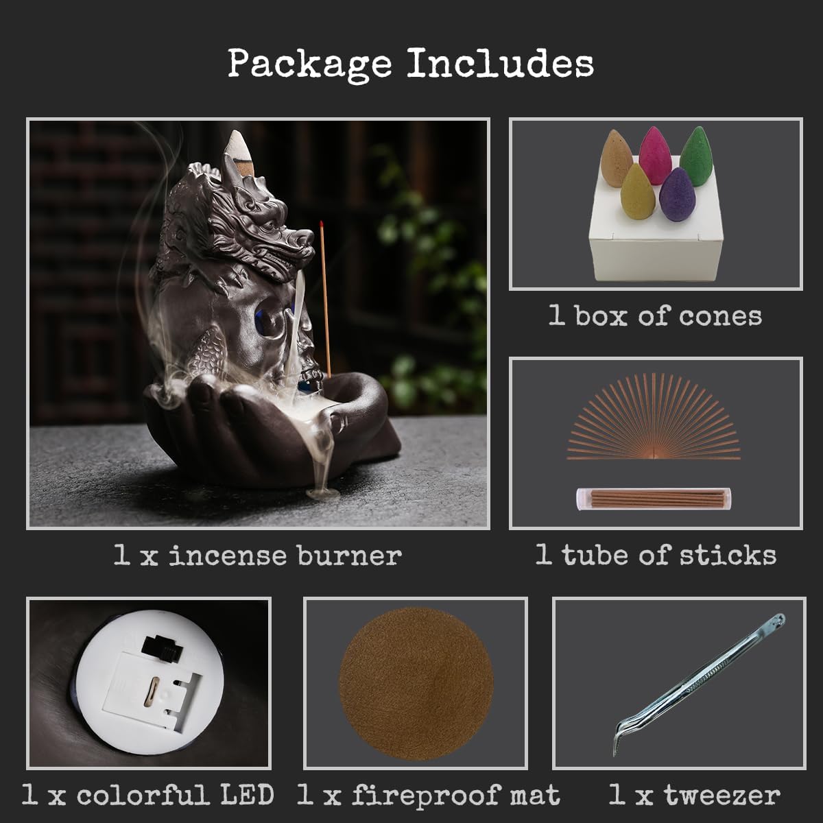 Skull Dragon Incense Burner Holder - Backflow Waterfall Cone Incense Holder, LED Ceramic Unique Skeleton Incense Burner with 15 Incense Cones for Halloween/Aromatherapy/Yoga/Home/Office Deco