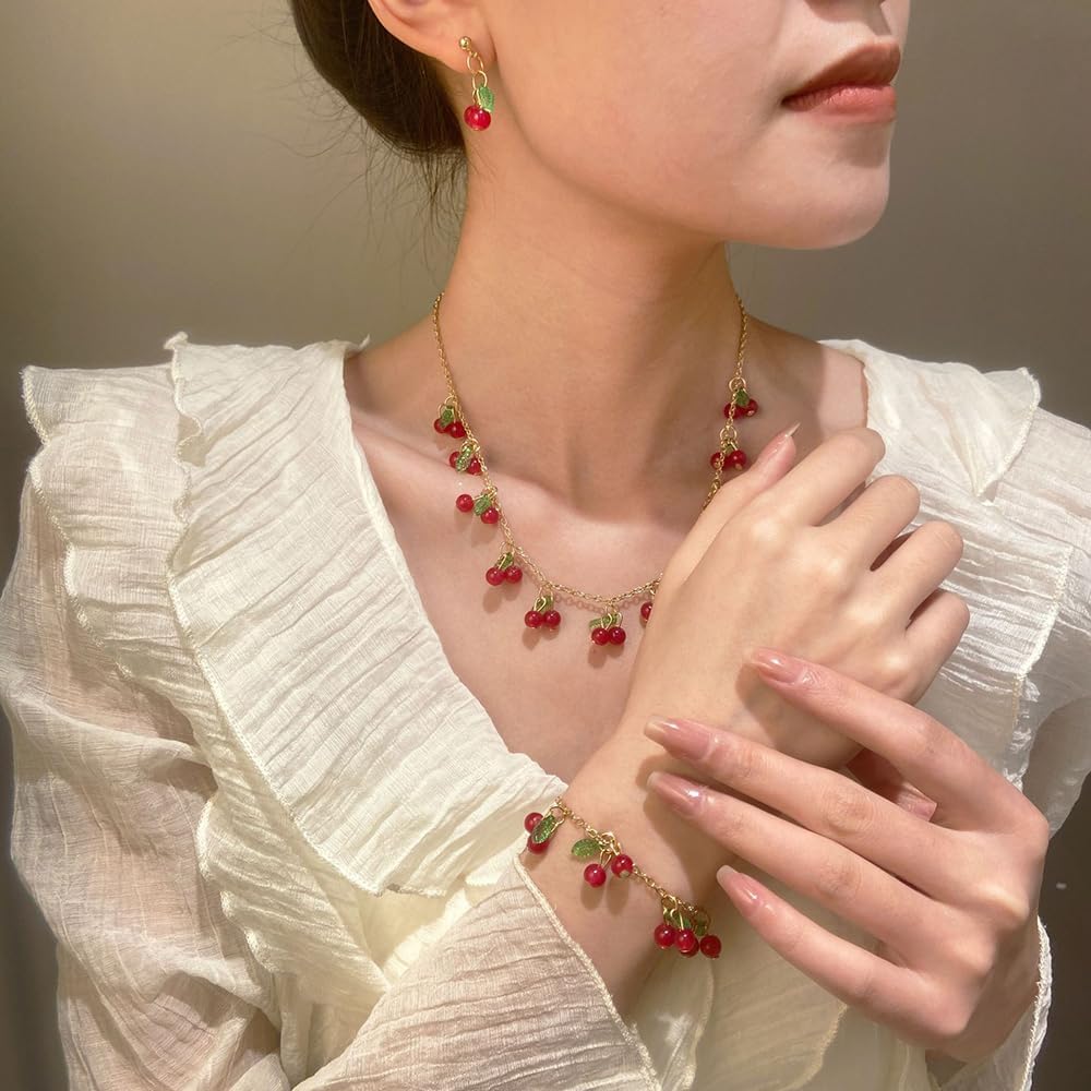 NIQIPOK Strawberry Cherry Jewelry Set 3D Simulation Strawberry Cherry Earrings Halloween Strawberry Cherry Necklace Bracelet Set Red Cherry Earring Fruit Charm Halloween Accessories - Image 4