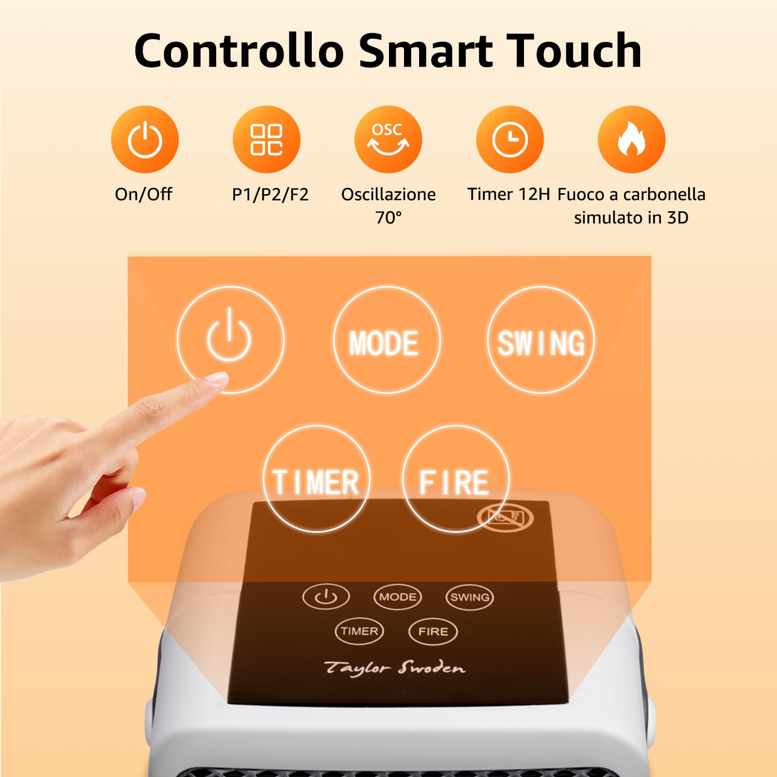Taylor Swoden Dana - Stufetta elettrica da 2000W per uso interno con camino, rapido e sicuro Termoventilatore ceramico PTC, oscillazione a 70°, timer da 12 ore, 3 modalità, telecomando