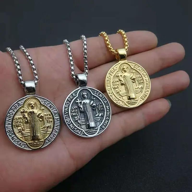 Pendentif Médaille Religieuse San Benito en collier argent sterling 925 mixte