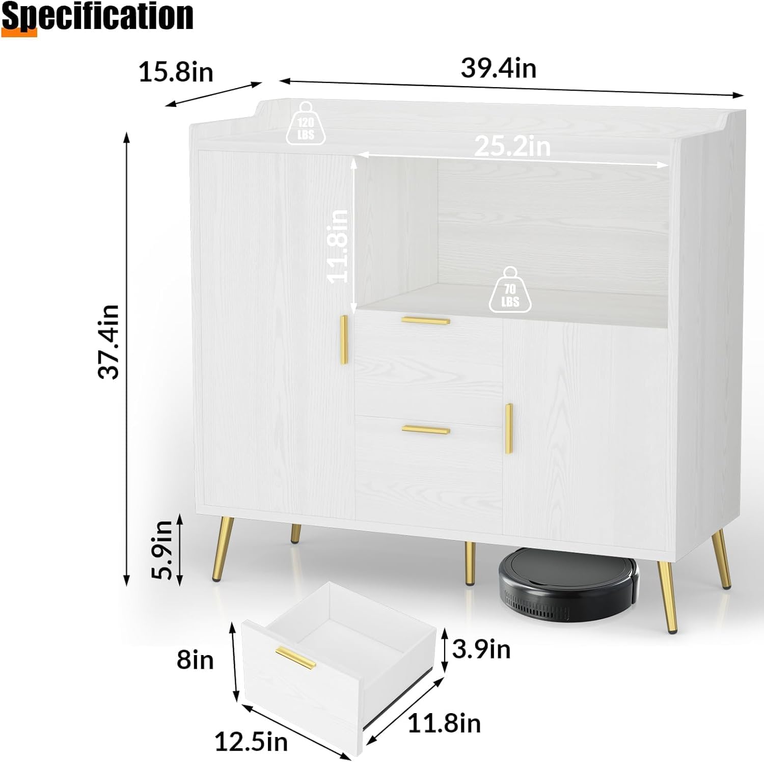 Modern Storage Solution Buffet Sideboard Cabinet – Wooden, 40 Inch, with Drawers, Doors, Adjustable Shelves, Open Compartments – Perfect for Kitchen, Dining Room, Living Room – Color: White