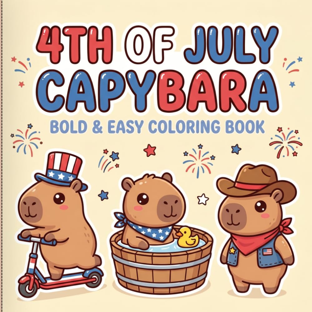 4th of July Capybara Coloring Book: Bold and Easy Cute Patriotic Capybaras for Boys and Girls Ages 2-8, Fun Independence Day Coloring Pages with Adorable Kawaii Capybara Characters