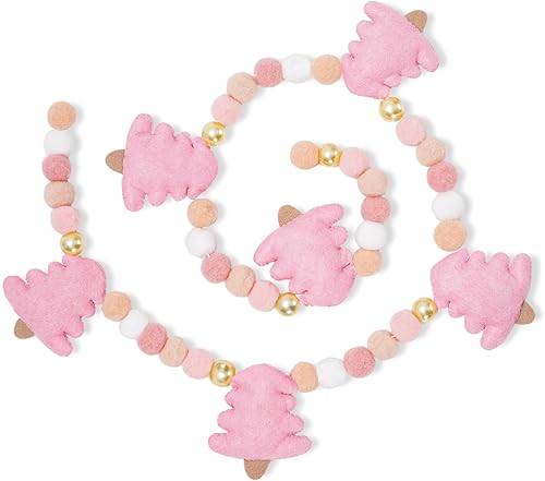 Whaline Guirnalda de fieltro de Navidad 3D rosa para árbol de Navidad con pompones, guirnalda decorativa para colgar en el hogar, repisa, chimenea,