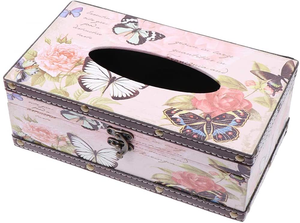 Tissue box， Retro Style Wooden Rectangular Tissue Box for Tissues and Napkins(C)