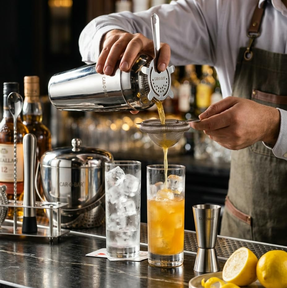 Image of Car-O-Bar Bar kit | Bar Set for Home - Bartender Kit :Cocktail Shaker, Bar Spoon, Jigger, Muddler, Strainer, Wine & Beer Bottle Opener, 2 Pour Spouts, Tong (with Stand)