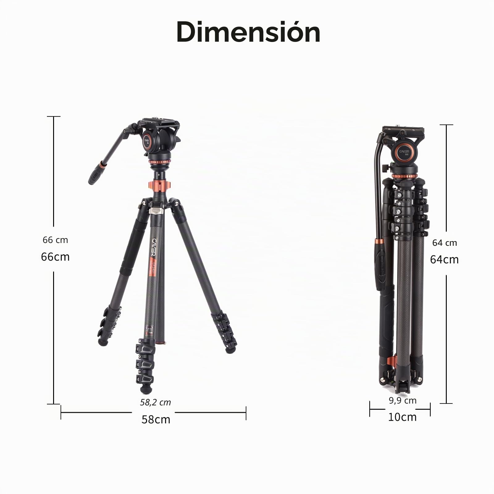 Cayer CF2451 Trípode de Video de Fibra de Carbono de 74 Pulgadas con Cabezal de Arrastre Fluido, trípode Compacto de 4 Secciones DSLR Convertible a monopié, para cámara Canon Nikon Sony DSLR