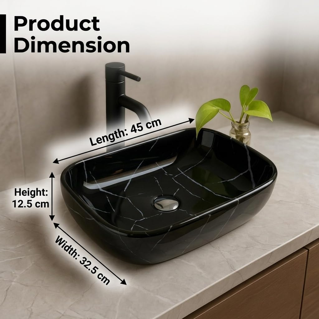 Vivatra Ceramic Tabletop Wash Basin β Glossy Rectangular Countertop Vessel Sink with Marble Finish for Bathroom & Vanity | Compact 18 x 13 x 5 Inch | Elegant Washbasin (VT_WB_LC01_024)