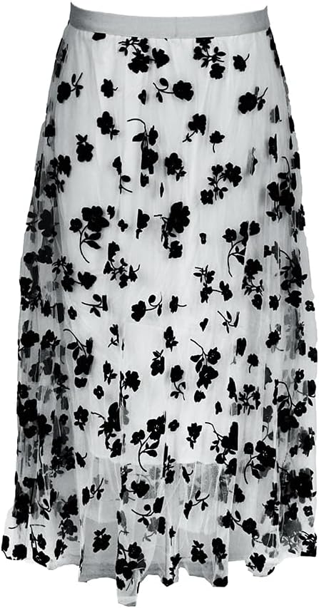 GenericWomen Tutu Tulle Skirt Elastic High Waist Layered Skirt Floral Print Mesh Midi Skirt
