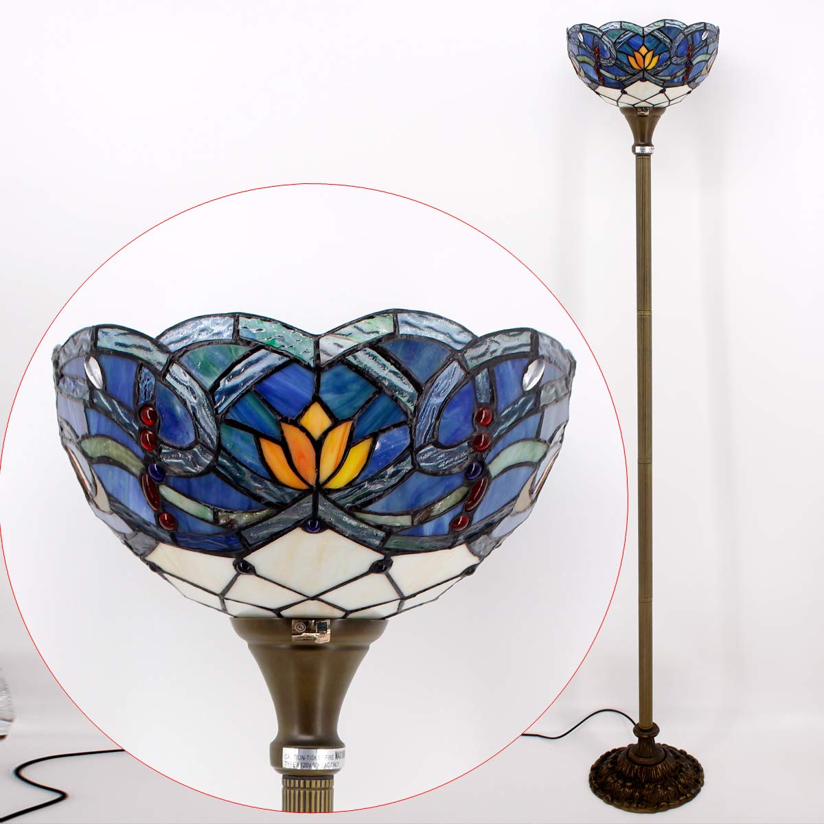 WERFACTORY Tiffany Floor Lamp Blue Lotus Flower Stained Glass