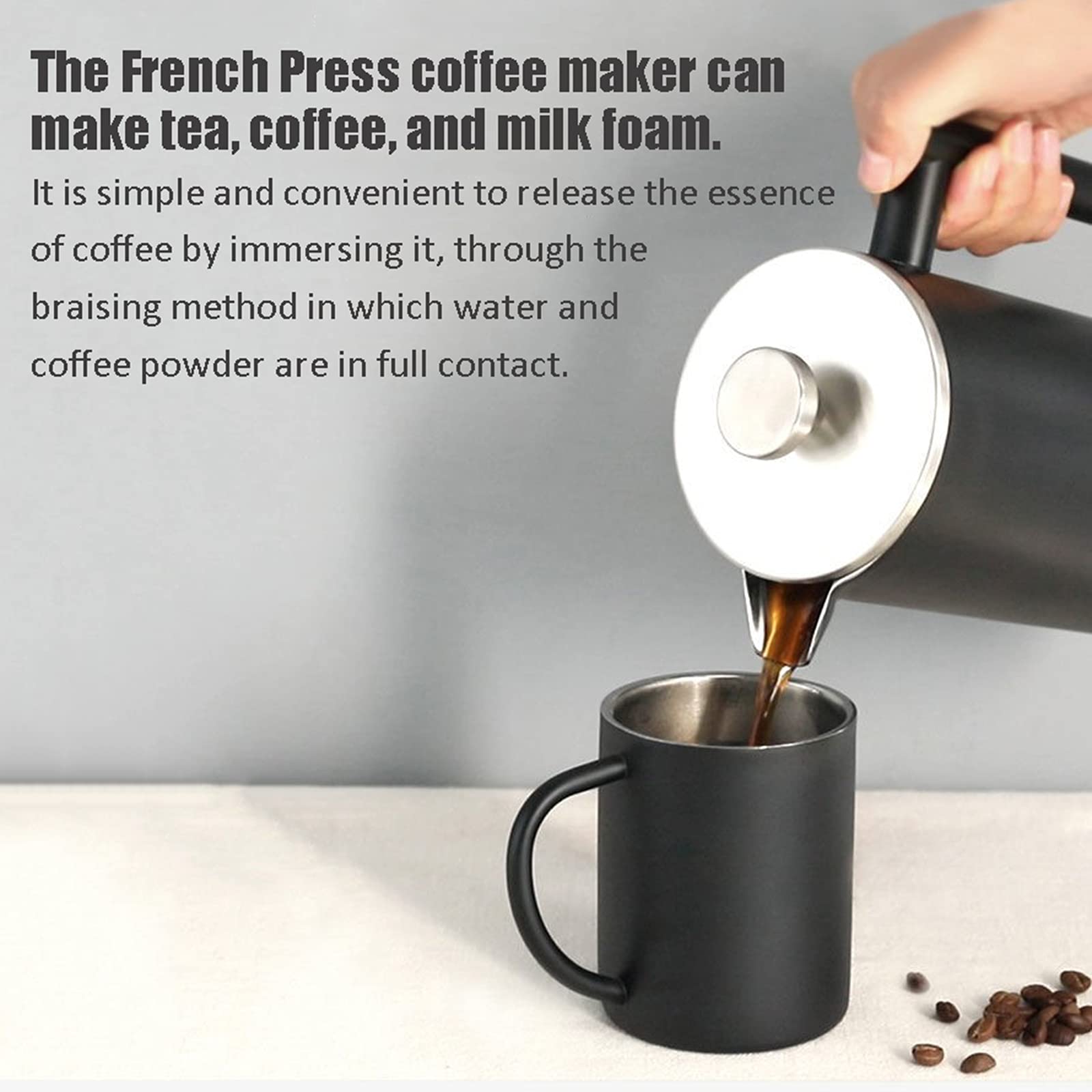 Cafetière French Press Ekspres do kawy, izolowana prasa do kawy z podwójnymi ściankami i dzbanek na herbatę z tłokiem ze stali nierdzewnej klasy 304 do domu i biura,1000ml