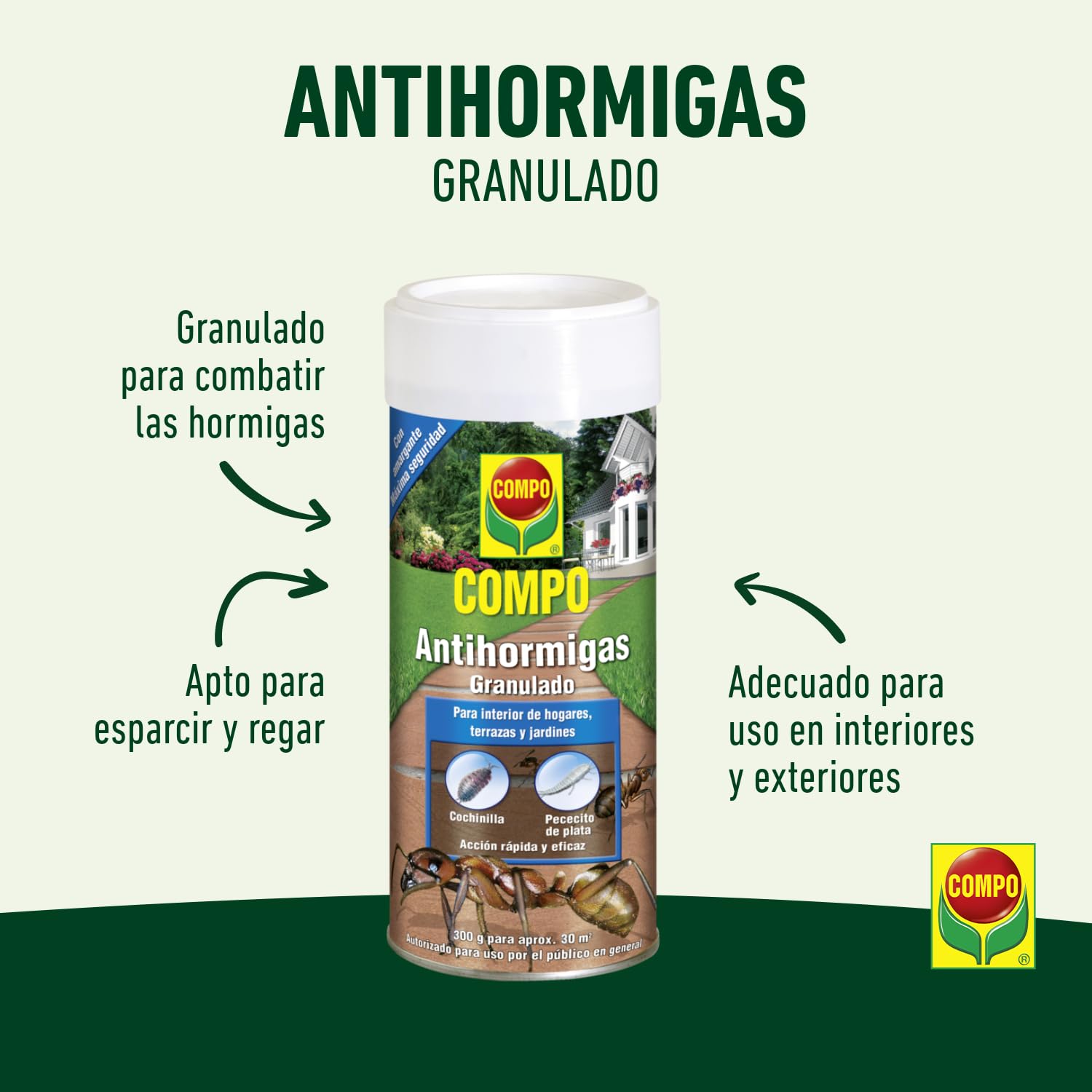 COMPO Antihormigas, Formato granulado para espolvorear, de uso interior y exterior, Efecto duradero, 300 g