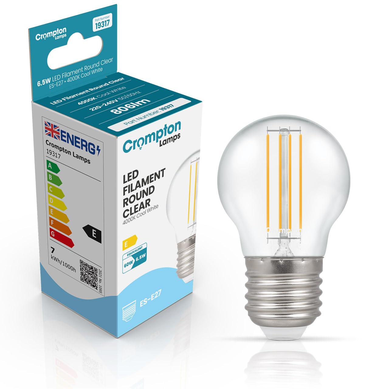 Crompton Lamps Filament Golfball LED Light Bulb ES-E27 | 6.5W = 60W Equivalent | Cool White 4000K | Energy Efficient | Edison Screw Lightbulb | Long Life 15,000-Hrs | Clear Glass