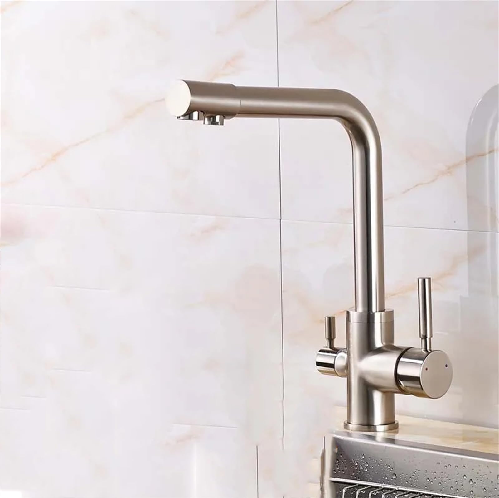 Kitchen Faucet,Chrome Plated Brass Kitchen Faucet with Purified Water, Faucet with Water Filter, Deck Mounted, Double Handles, hot and Cold faucets, Gold Faucet (Brushed Nickel A)