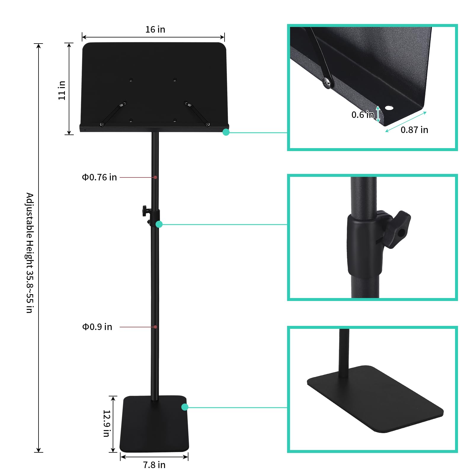 MS01-S Notenständer, platzsparend, professionell, höhenverstellbar, Metall, Schwarz, Größe S