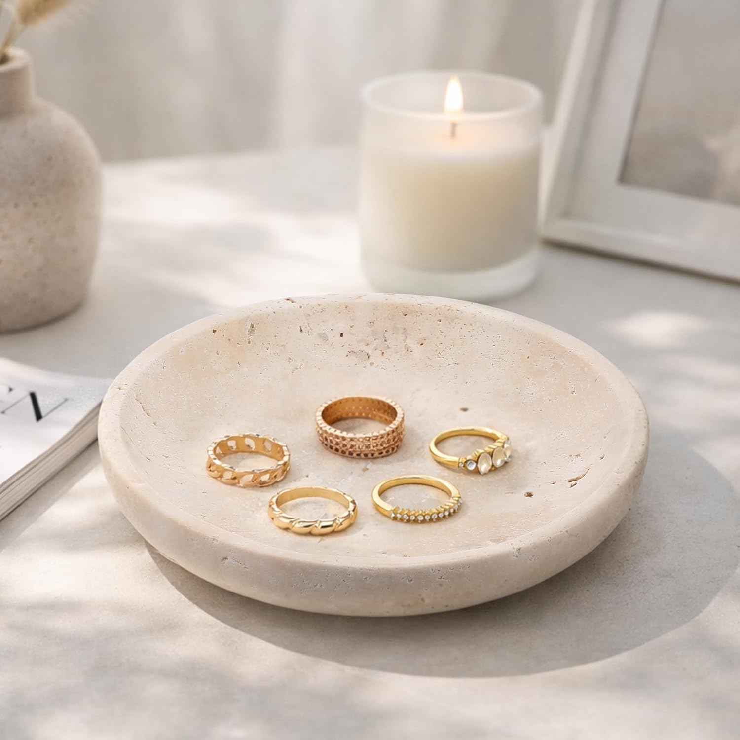 Natural Travertine Marble Jewelry Dish 5.5", Trinket Dish for Ring Earring Key, Ring Tray Gift for Woman Daughter (Beige Travertine)
