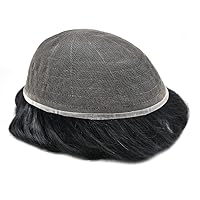 Vista 4 de Toupee - Sistema de reemplazo de piezas de cabello humano real, encaje suizo suave frontal para hombre, nudo blanqueado, línea capilar natural