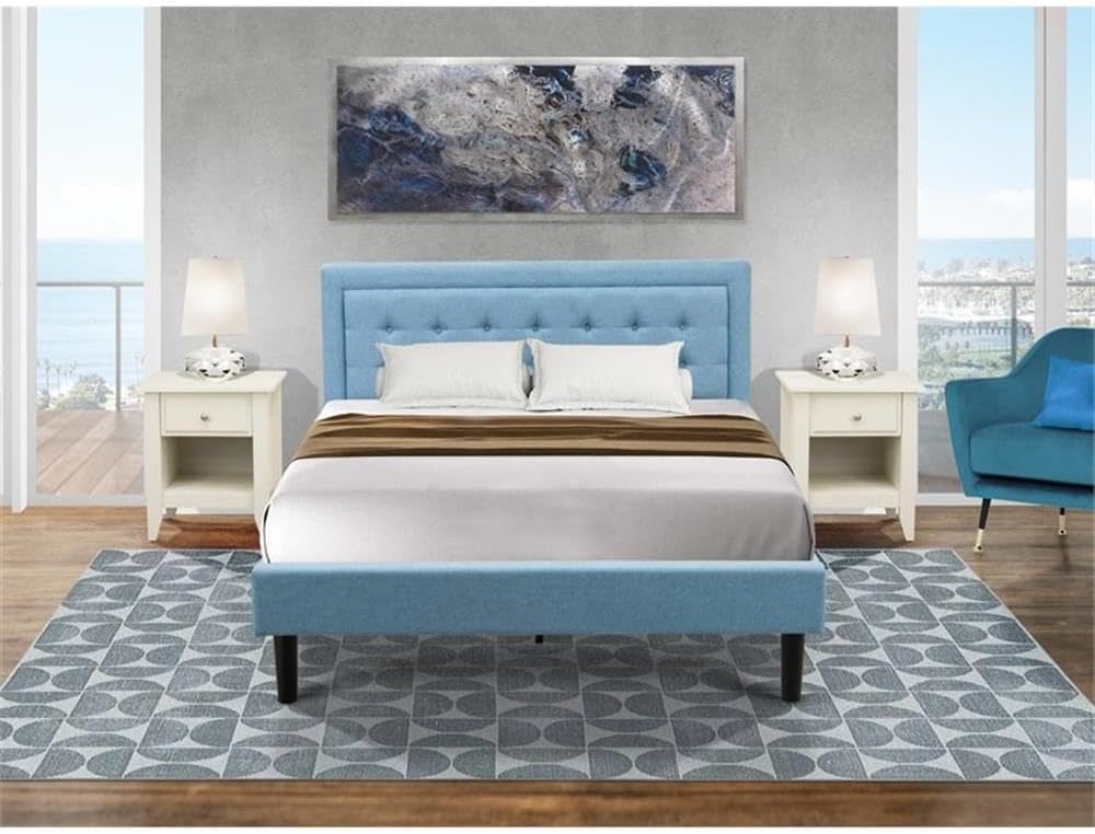 East West Furniture FN11Q-2GA0C 3-Piece Fannin Queen Bedroom Set with 1 Modern Bed and 2 Night Stands for Bedrooms - Reliable and Durable Construction - Denim Blue Linen Fabric