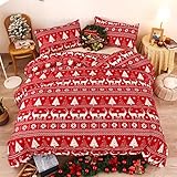 LAMEJOR Christmas Duvet Cover Set Queen Size Red Soft - Christmas Trees/Elk/Snowflake Decor Holiday Bedding Set Comforter Cover