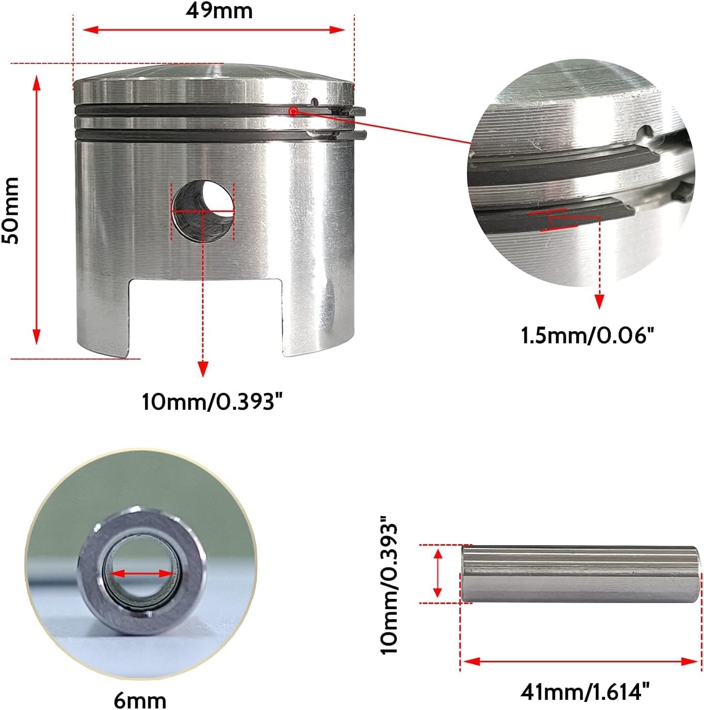 Piston Kit 49mm,49mm Piston Set- Gas Motorized Bicycle 80cc/66cc
