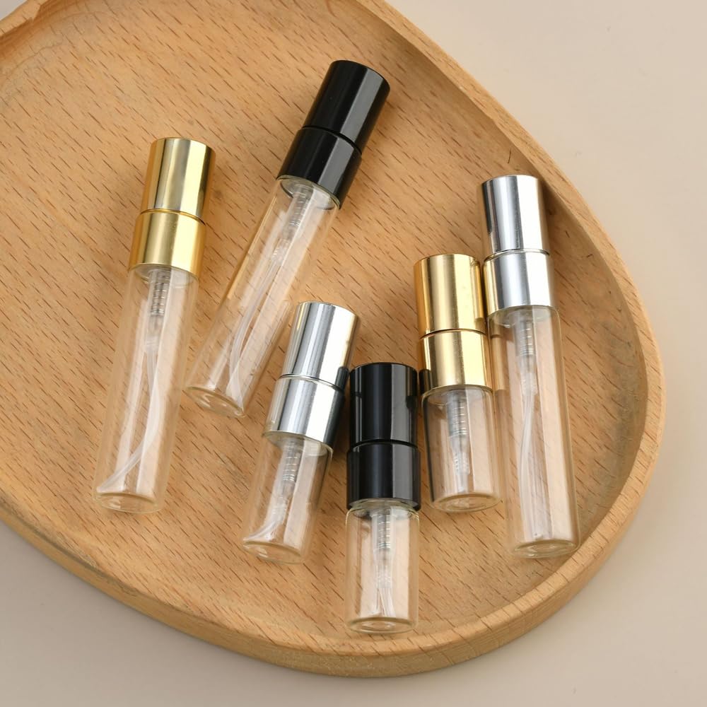 100 Unidades Botellas de Vidrio Transparente Vacías 2/3/5/10ml con Atomizador Tapa de Aluminio Hermética, Dispensadores Portátiles Perfume (Tapón negro,5ml,100)