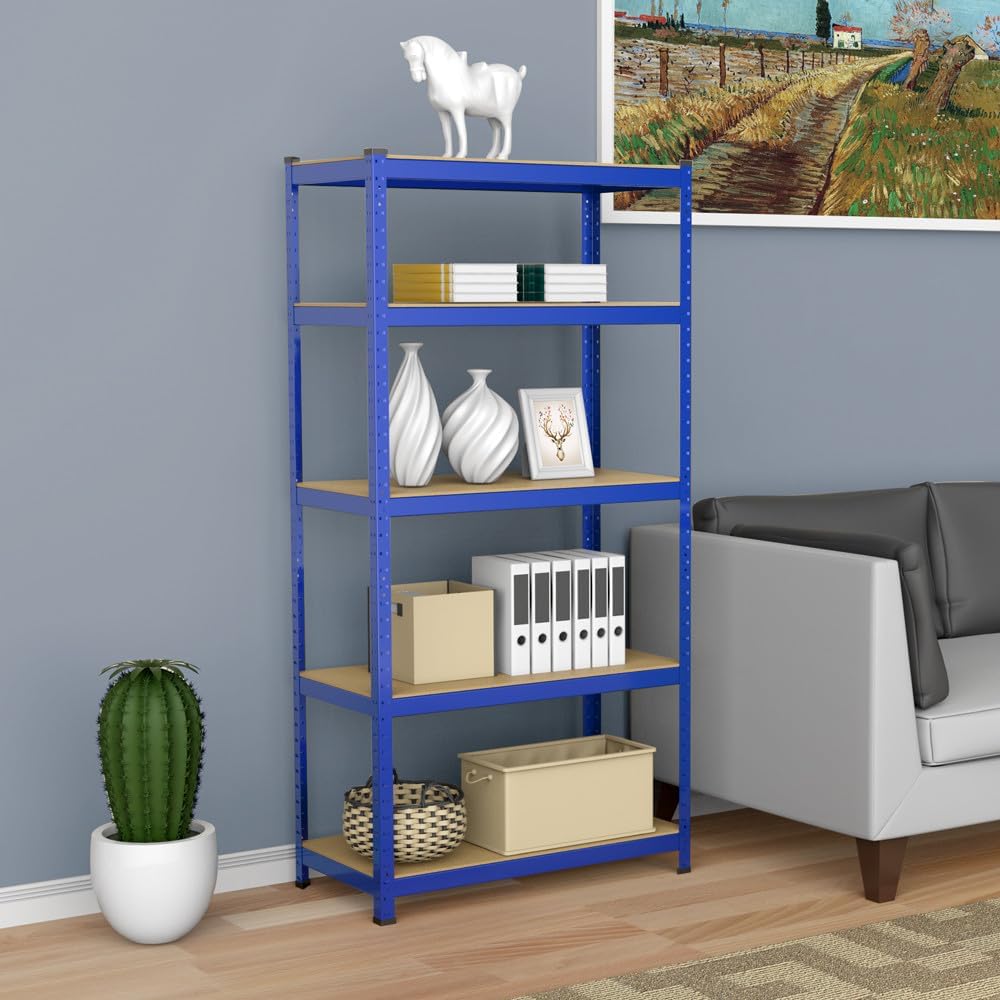Yaheetech 5-Tier Steel Rack used in a living room setting, holding books, decorative items, and storage boxes.