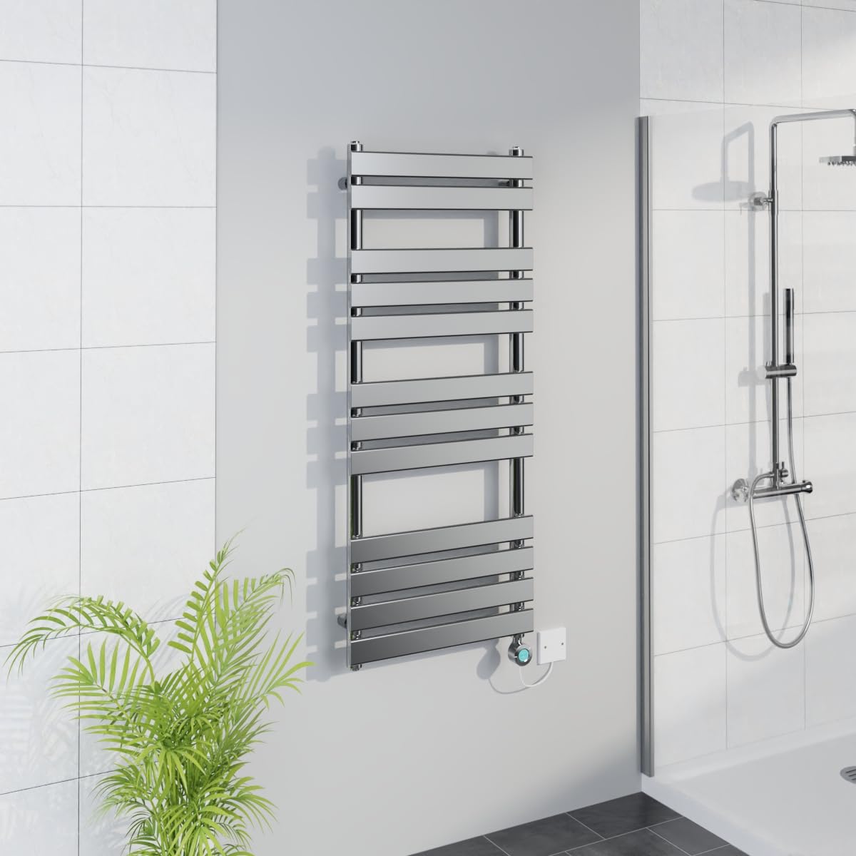 Warmehaus Chrome Smart Wifi Thermostatic Electric Bathroom Flat Panel Heated Towel Rail Warmer Radiator With Timer 1200X500mm