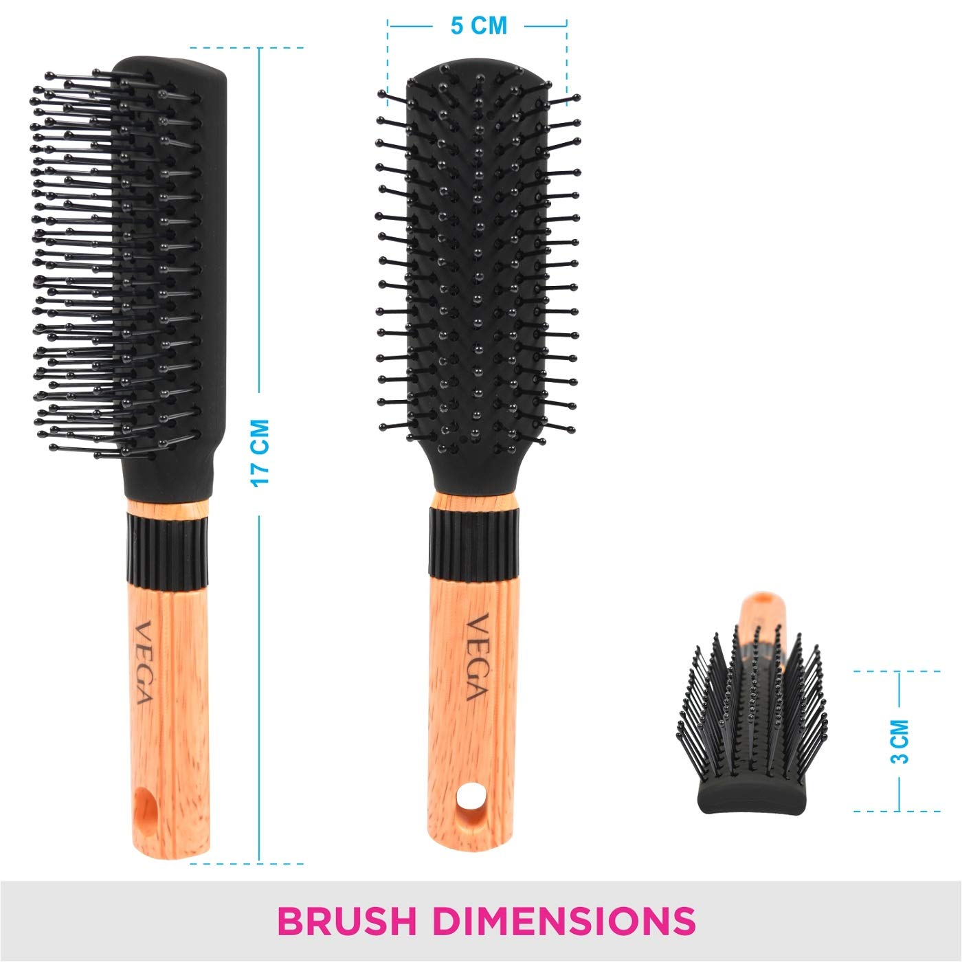 Vega Premium Collection Wooden Paddle Hair Brush & Vega Mini Flat Brush with Wooden Colored Handle and Black Colored Brush Head 4