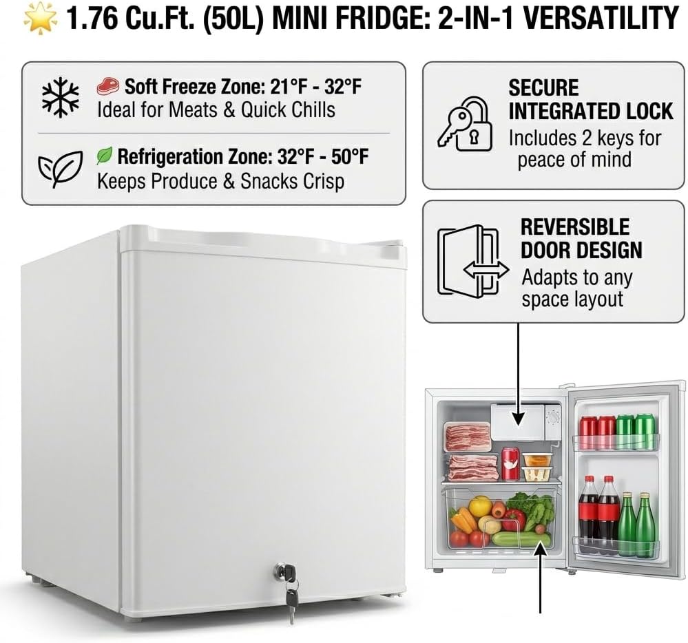 Casanta 50L. Mini Fridge with Lock and Key, Compact Refrigerator with Chiller Compartment, Quiet Energy Efficient Small Fridge for Dorm, Bedroom, Office, RV, Garage - White