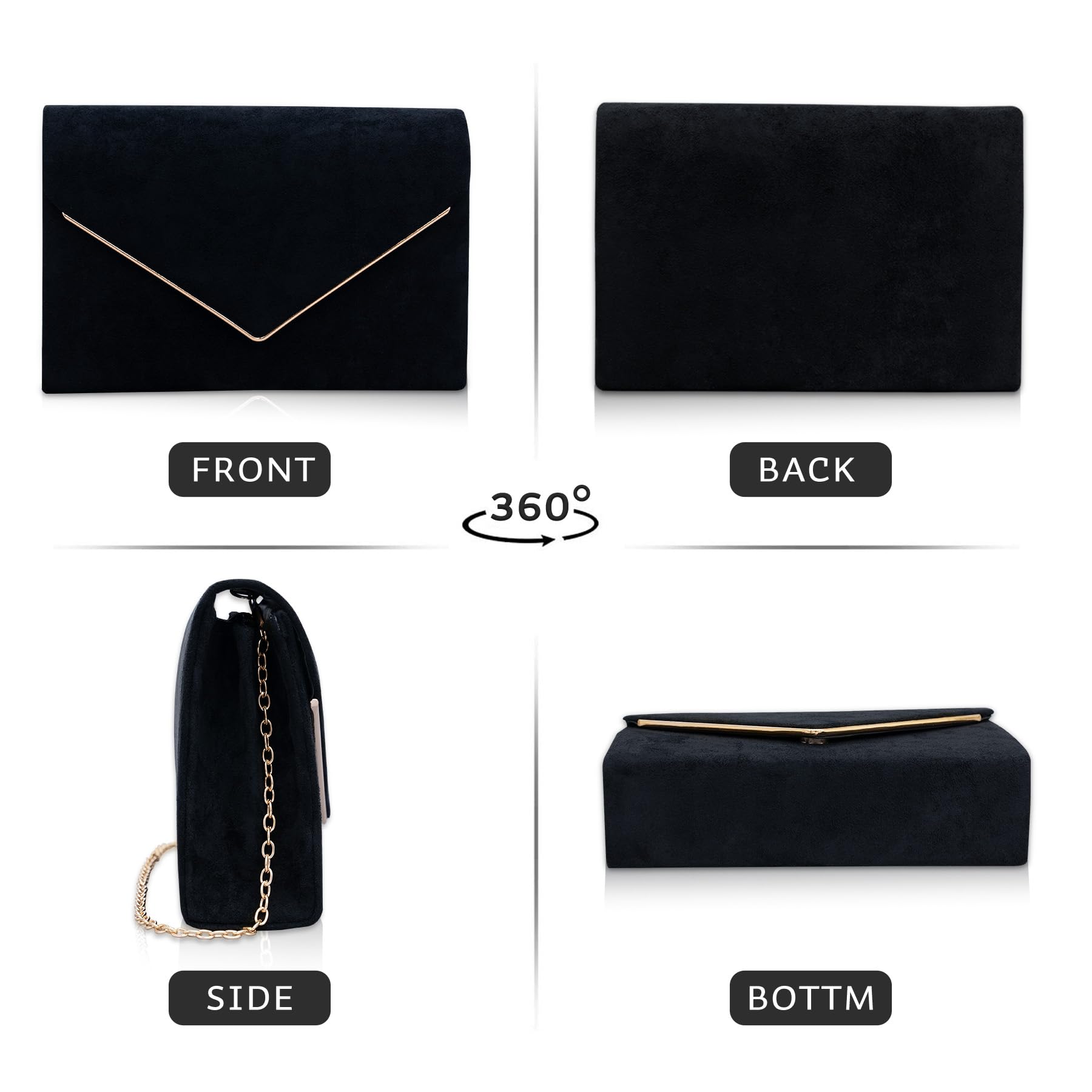Larcenciel Clutch czarna, aksamitna torebka ze zdejmowanym łańcuszkiem, elegancka zamszowa koperta wieczorowa z kieszenią wielofunkcyjną, modna koperta z zamszu, na wesele, imprezę, 22 x 15 x 5 cm