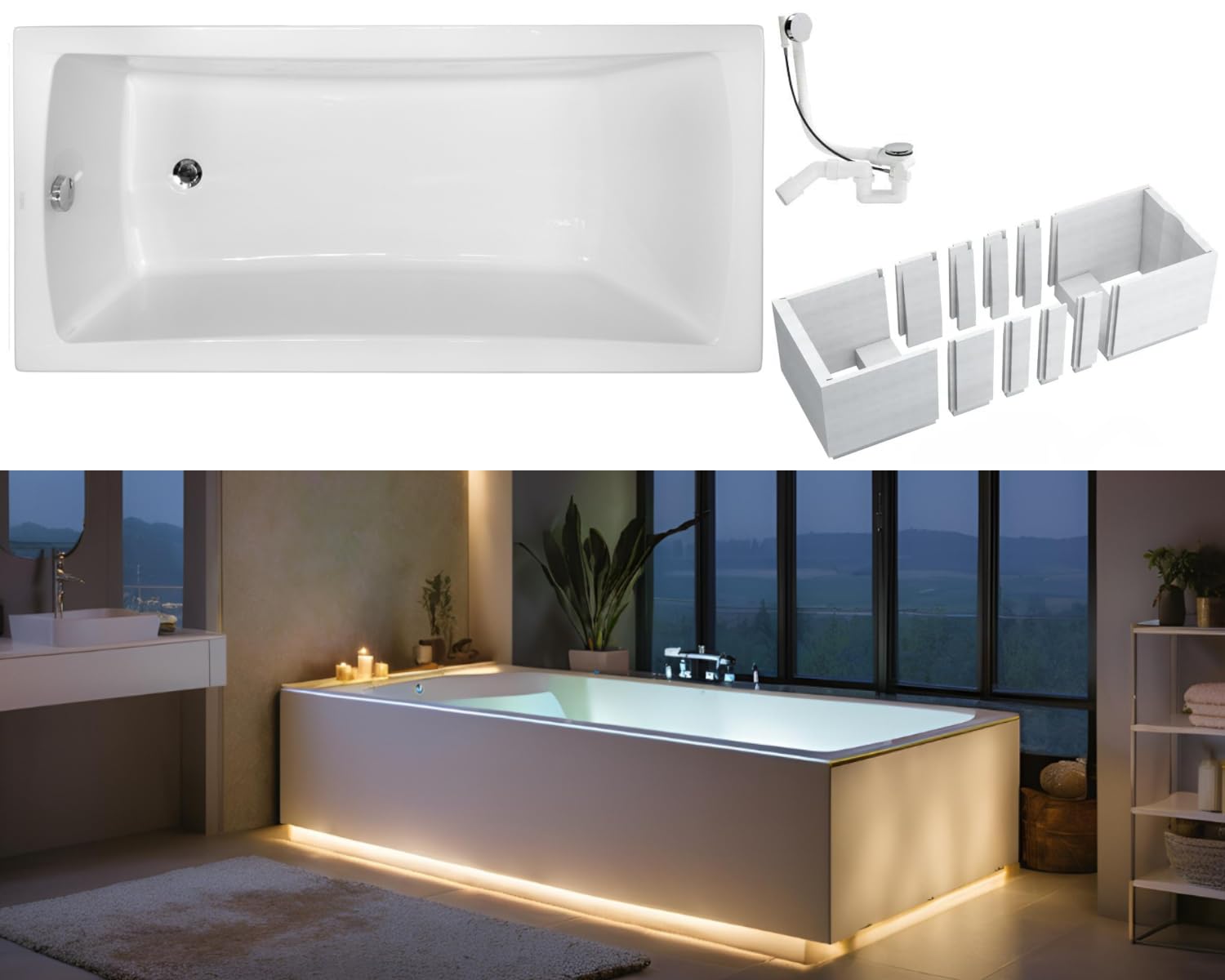 VBChome Vasca da bagno, 140 x 70 cm, in acrilico, colore bianco, per illuminazione a LED, in polistirolo, rettangolare, design moderno, scarico cromato