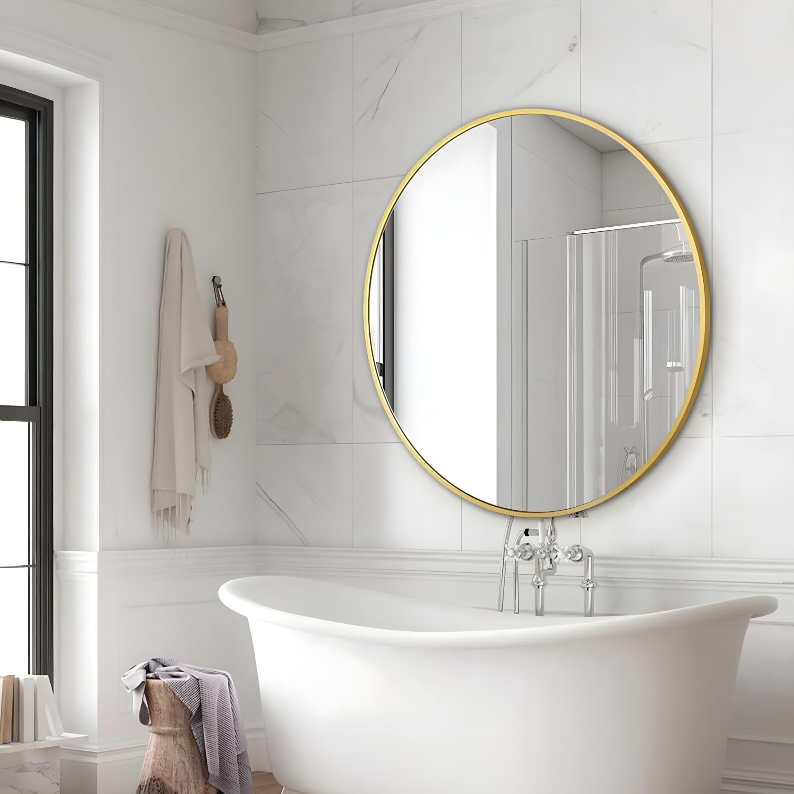 Round Mirror 24 Inch Gold Round Bathroom Mirror Wall Mirror Brushed Metal Frame Anti-Rust Tempered Glass for Bathroom Bedroom Entryway Living Room