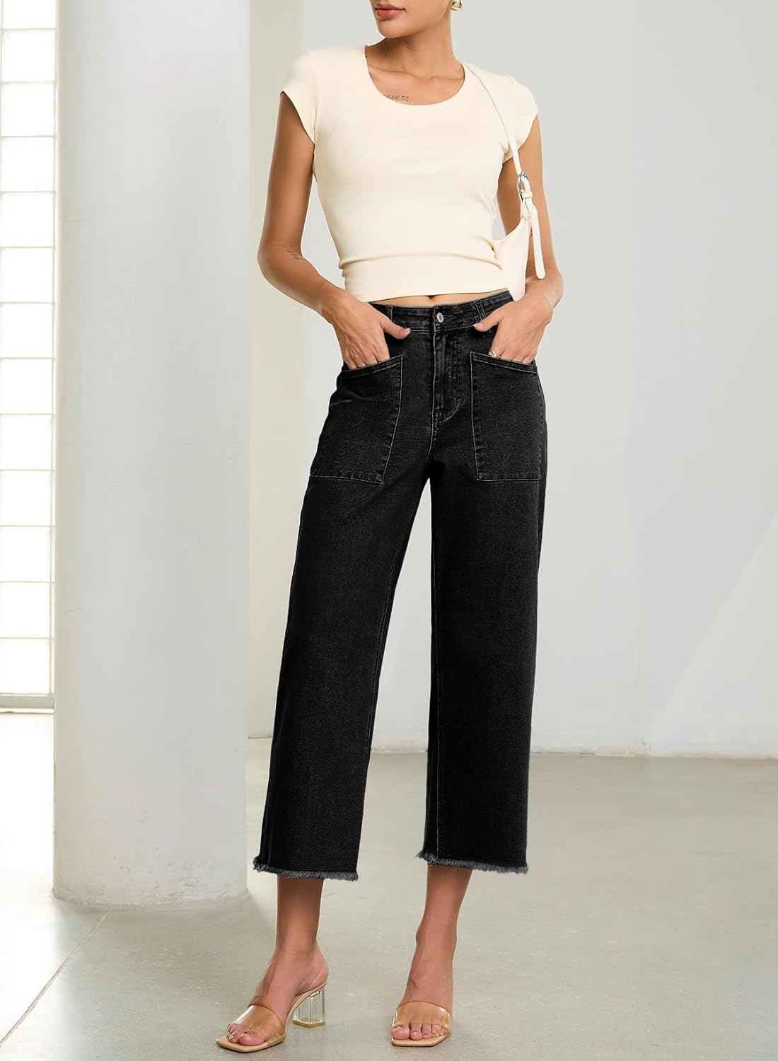 Sidefeel Womens Wide Leg Baggy Capri Jeans High Waisted Straight Leg Stretchy Raw Hem Cropped Denim Pants with Pockets - Image 5