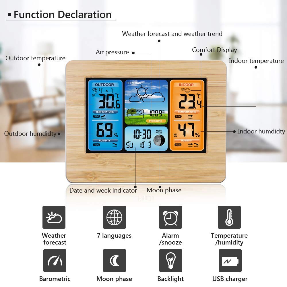 Weather Station Clock with Outdoor Sensor,WONFAST Weather Monitoring Home Alarm Clocks with Min/Max Display of Thermometer and Hygrometer,Barometer Alarm Moon Phrase (Yellow Bamboo)