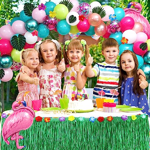 Winrayk 113Pcs Hawaiian Flamingo Party Decorations Luau Tropical Flamingo Balloons Arch Kit Birthday Backdrop Grass Table Skirt Palm Leaves Flower Summer Beach Pool Luau Party Decorations Supplies #TOP6