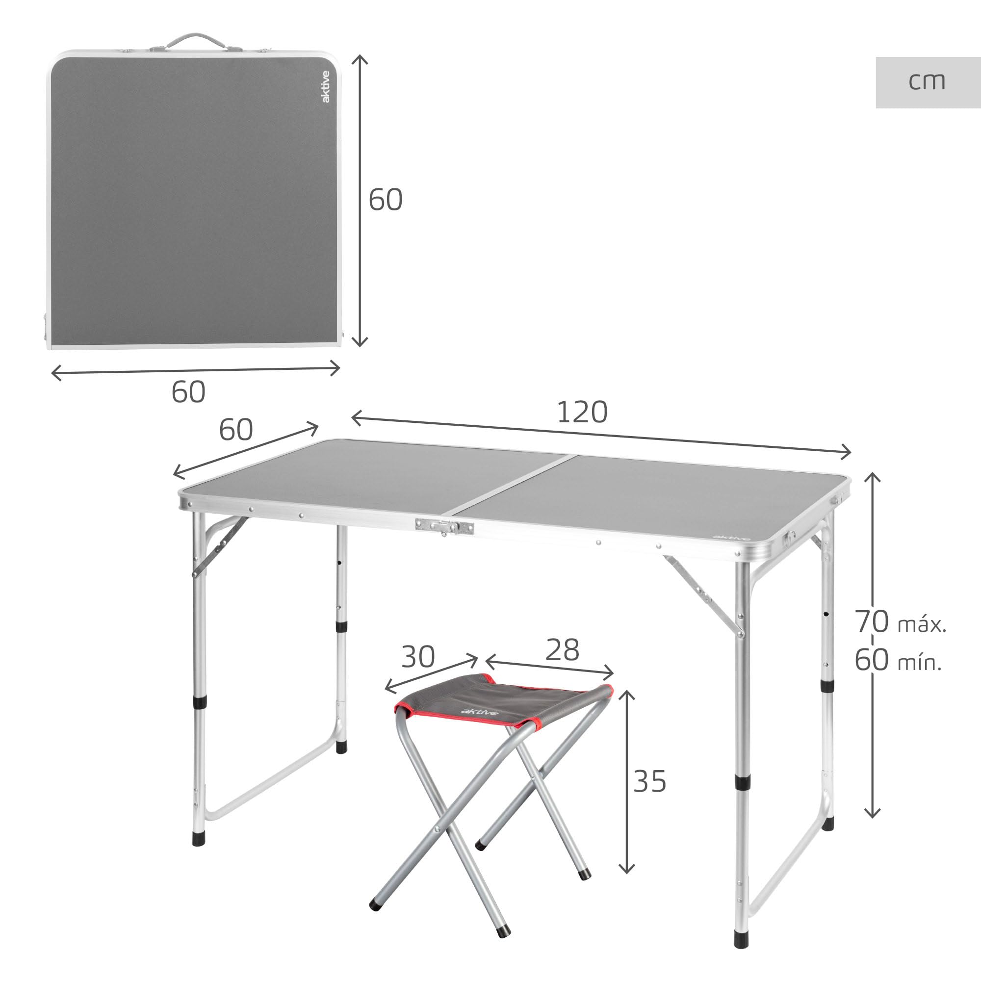 AKTIVE 63161 Tavolo pieghevole in alluminio con 4 sgabelli in acciaio, altezza regolabile 60-70 cm, superficie 120 x 60 cm, finitura grigia, design portatile con maniglia per campeggio, spiaggia e