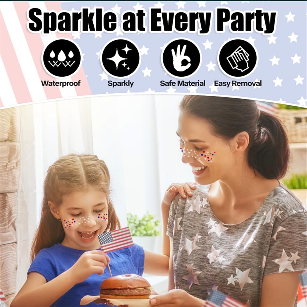 Go Ho Patriotic Red White and Blue Glitter Freckles Face Tattoo,4th of July Freckles Sparkle,4th of July Accessories,Fourth of July Outfit Women for Independence Day 250 Anniversary USA,6 Pcs image 4