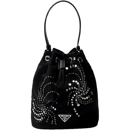 Prada Womens Re-Nylon Mini Drawstring Bucket Bag Crossbody Black Beaded Embroidered 1BE067