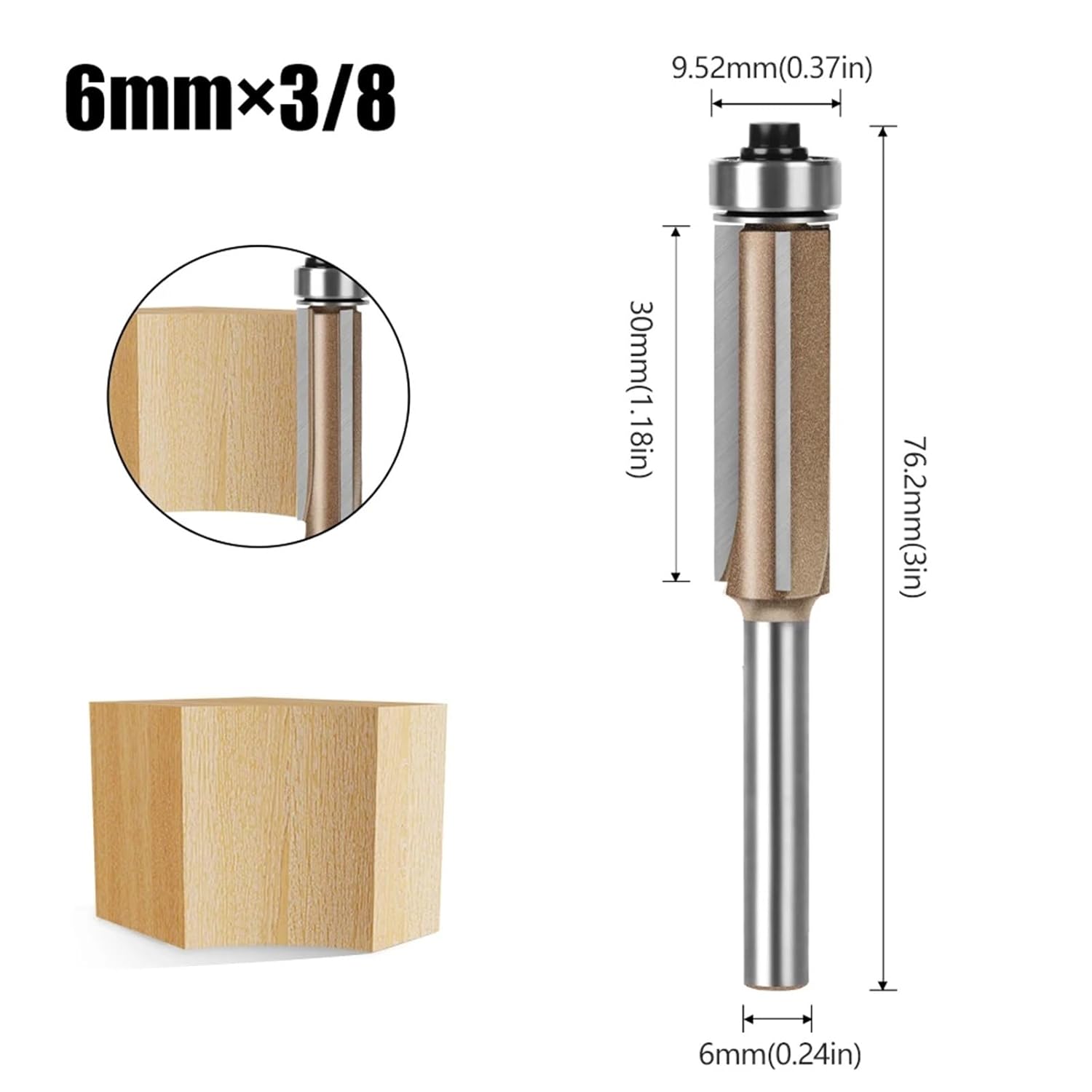 6mm 1/4in Shank Z3 Flush Trim Router Bit 3Flute Pattern Wood Router Bit with Bearing Woodworking Milling Cutter 1Pcs(6mmx9.52mm)