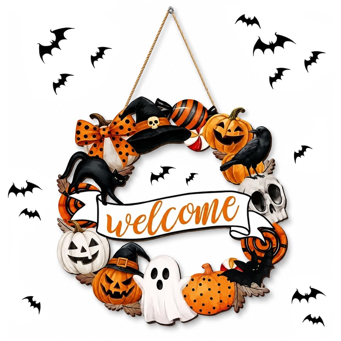 ARHZ 1 Pcs Halloween Decorations, Happy Halloween Door Wreath Sign for Outdoor Decor | 16In Wooden Halloween Wreath for Front Door, Black Cat Pumpkin Ghost Sign for Wall Door Decorations