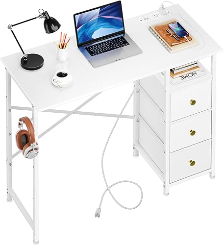 Escritorio pequeño para computadora de 35.4 pulgadas con 3 cajones de tela y toma de corriente, escritorio de oficina en casa para espacios