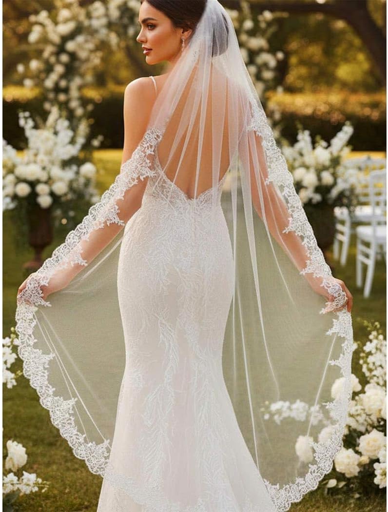 Aukmla Bride Wedding Veil Long Lace Bridal Veils 1 Tier Tulle Hair Accessories with Comb