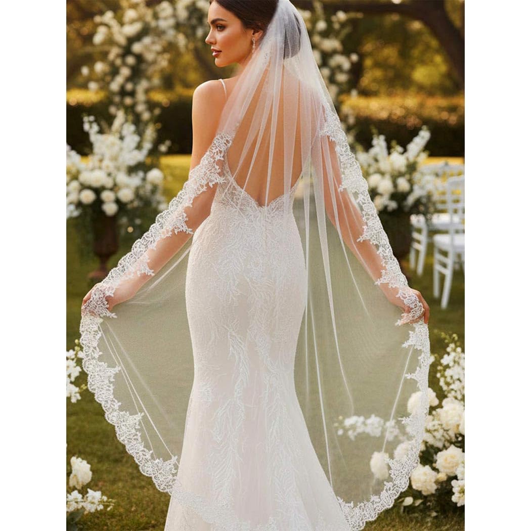 Aukmla Bride Wedding Veil Long Lace Bridal Veils 1 Tier Tulle Hair Accessories with Comb