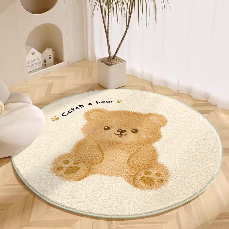 Pmnadfdag Tapis Rond de Chambre d'enfant garçon Fille Tapis d'enfant bébé Ø110cm Ours Brun