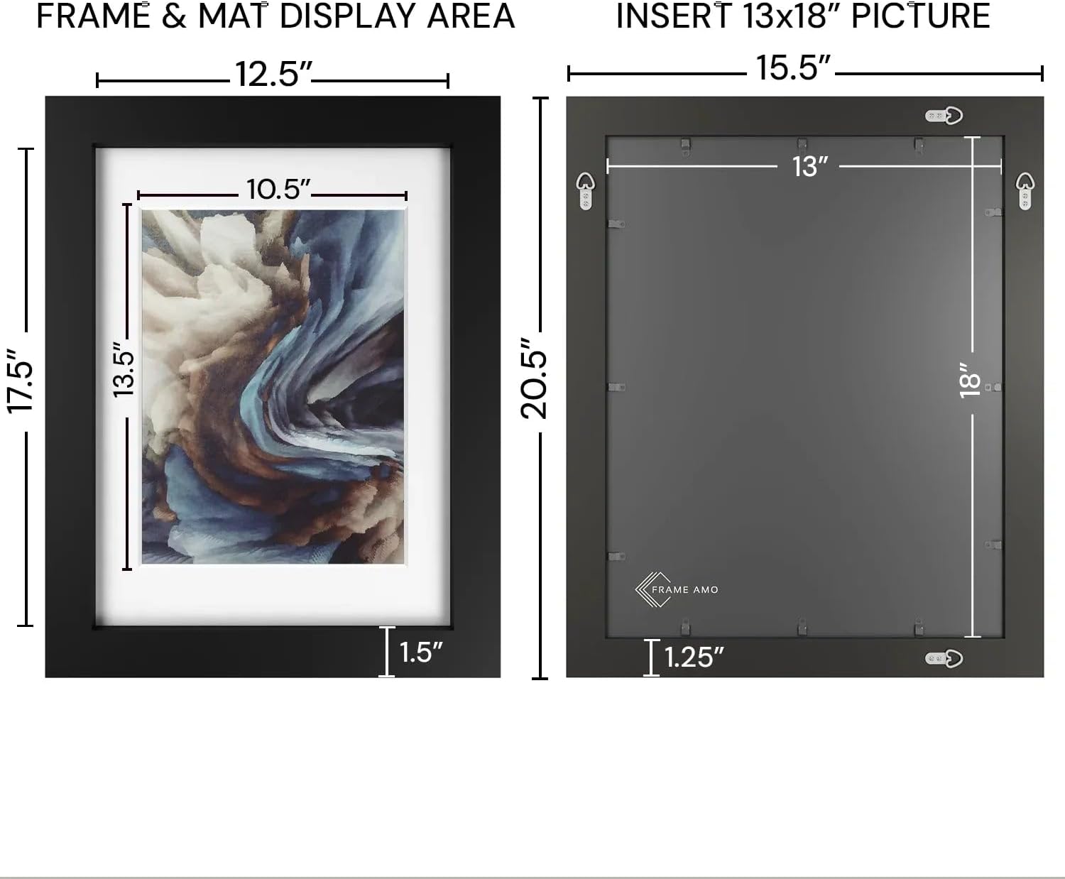 Frame Amo 13x18 Black Solid Wood Poster Frame, White Mat for 11x14 Image, Tempered Glass Front, 1.5 inch Wide, 1 inch Thick, High-End, Heavy-Duty, Gallery Grade & Acid-Free