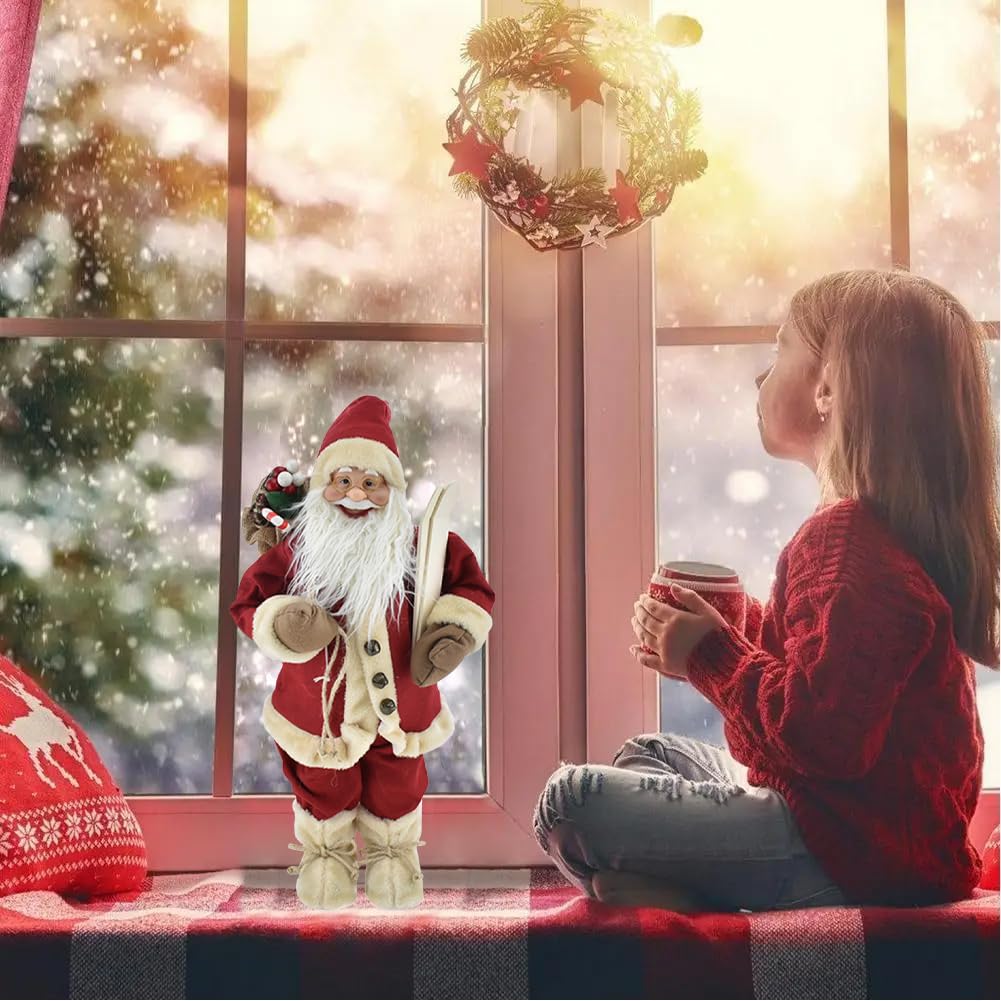 BAKAJI Statuina Babbo Natale Ornamento con Vestiti in Tessuto Rosso e Panna, Figura Natalizia Decorativa, Decorazione Addobbo Natalizio da Tavolo, Casa, Ufficio, Decorazioni Natalizie (80 cm)
